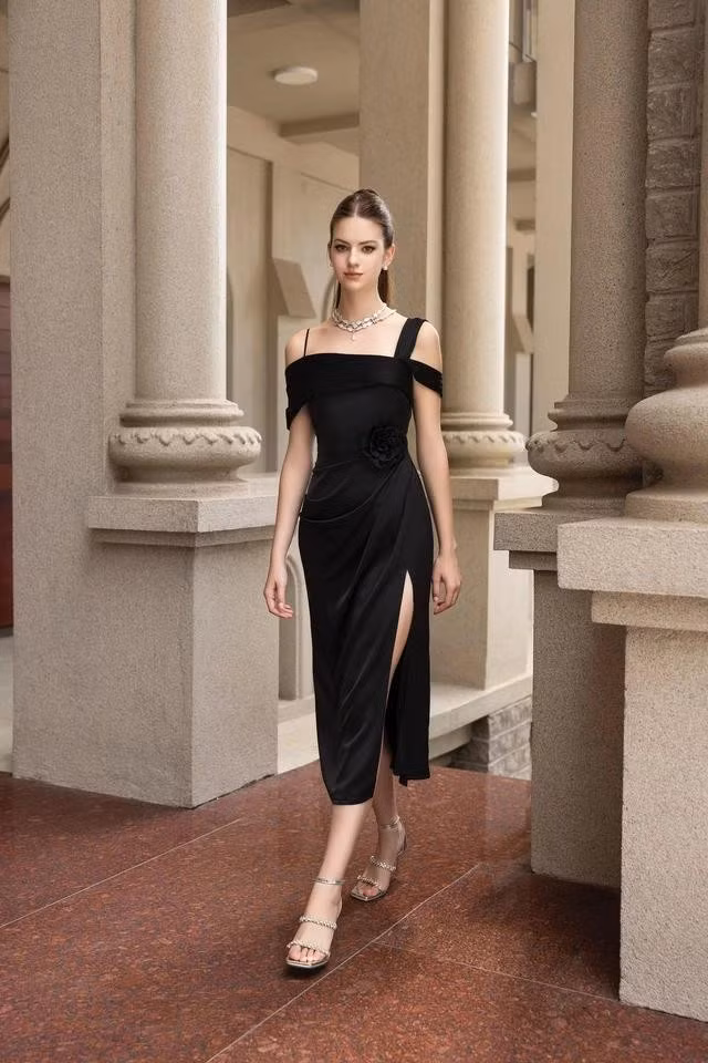 Sắc đen huyền bí được cách điệu bởi những lát cắt mềm mại, khoe trọn vóc dáng và thần thái các nàng thơ qua từng khoảnh khắc. Ghi dấu ấn tại bữa tiệc với chất lụa satin cao cấp cùng kỹ thuật cắt may xẻ tà tinh tế, điệu nghệ. ẢNH: NHAT VY