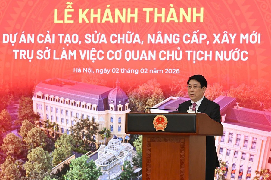 Chủ tịch nước Lương Cường phát biểu tại lễ khánh thành công trình trụ sở làm việc Cơ quan Chủ tịch nước. Ảnh: QUANG PHÚC