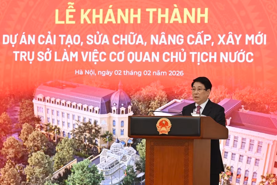 Chủ tịch nước Lương Cường phát biểu tại lễ khánh thành công trình trụ sở làm việc Cơ quan Chủ tịch nước. Ảnh: QUANG PHÚC