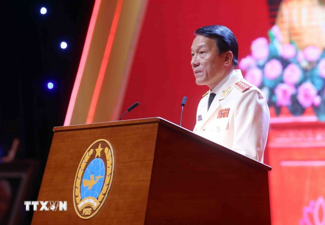Đại tướng Lương Tam Quang, Ủy viên Bộ Chính trị, Bí thư Đảng ủy Công an Trung ương, Bộ trưởng Bộ Công an phát biểu. (Ảnh: Phạm Kiên/TTXVN)
