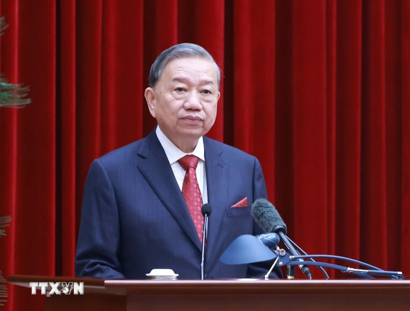 Tổng Bí thư Tô Lâm phát biểu bế mạc Hội nghị lần thứ 15 Ban Chấp hành Trung ương khóa XIII. (Ảnh: Thống Nhất/TTXVN)