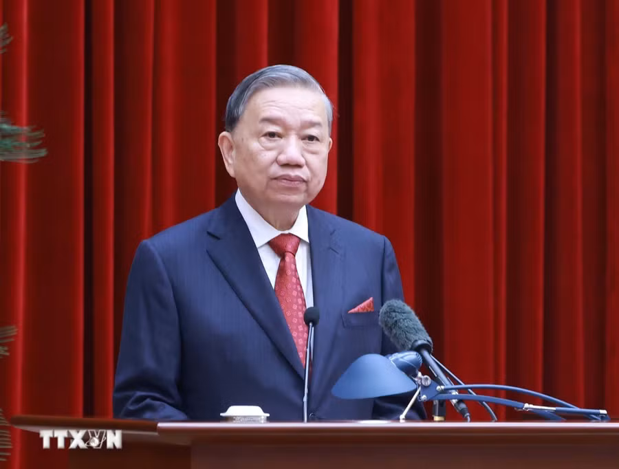 Tổng Bí thư Tô Lâm phát biểu bế mạc Hội nghị lần thứ 15 Ban Chấp hành Trung ương khóa XIII. (Ảnh: Thống Nhất/TTXVN)