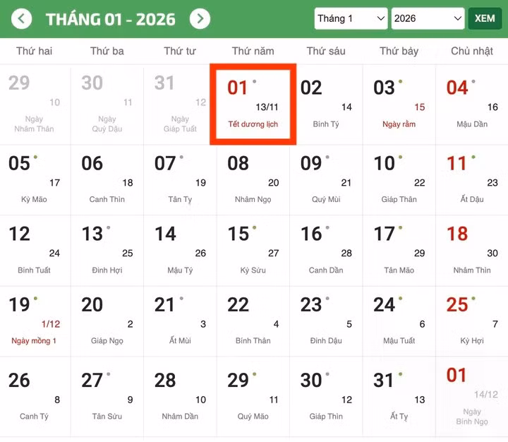 Lịch nghỉ Tết Dương lịch 2026 của người lao động.