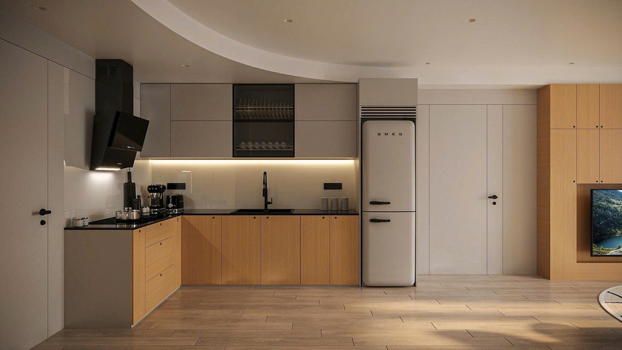 Khu vực khách bếp thiết kế sử dụng tông màu trung tính làm chủ đạo như kem, be, trắng sữa và vàng nhạt