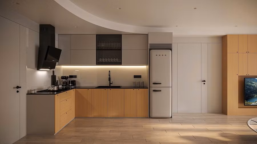 Khu vực khách bếp thiết kế sử dụng tông màu trung tính làm chủ đạo như kem, be, trắng sữa và vàng nhạt