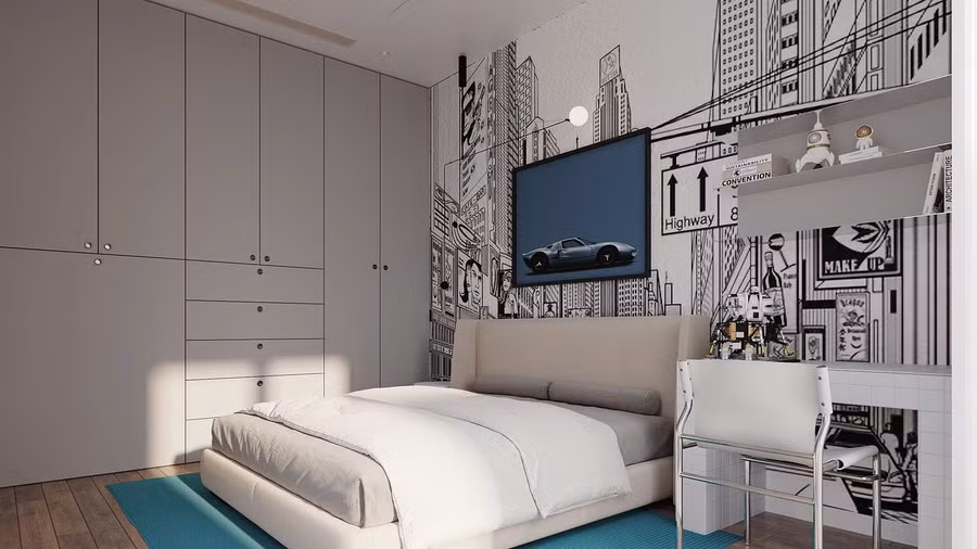 Phòng ngủ phụ là một không gian lấy ý tưởng từ sở thích đam mê tốc độ và công nghệ của gia chủ, kết hợp với phong cách graffiti đường phố.