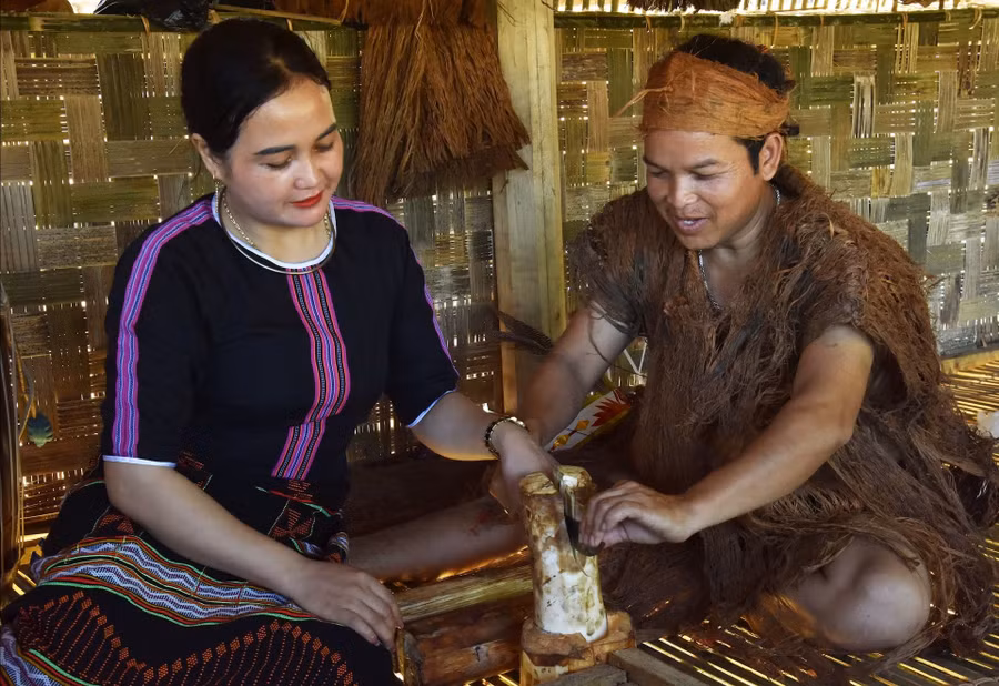 Đồng bào Cơ Tu khai thác đọt non của cây tơr’đin để chế biến các món ăn.