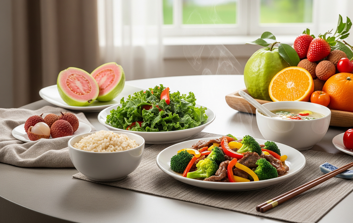 Vitamin C có trong nhiều loại trái cây, rau màu xanh lá đậm - Minh họa AI: Thu Anh Vitamin C có trong nhiều loại trái cây, rau màu xanh lá đậm - Minh họa AI: Thu Anh