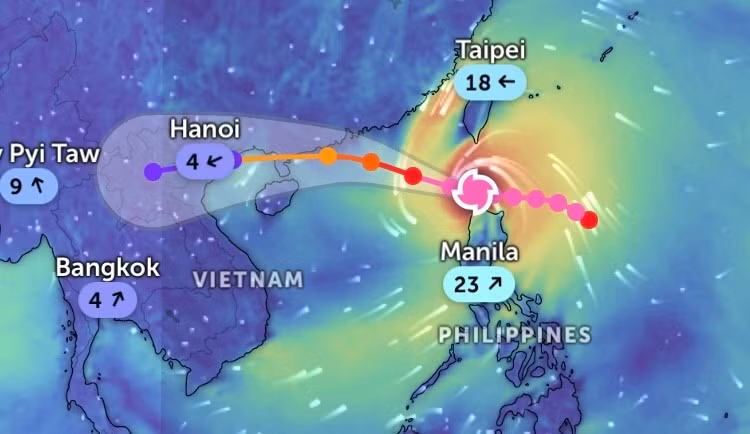 Dự báo ngày 23-9, tâm bão Ragasa vào Biển Đông. Mô hình cập nhật lúc 18 giờ ngày 22-9 từ Z.E