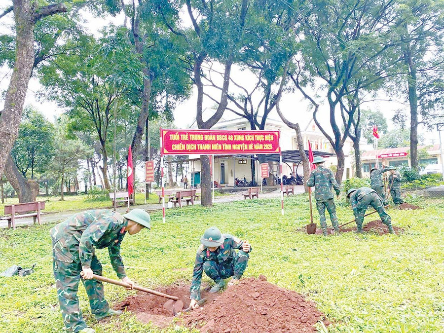 Cán bộ, chiến sĩ Quân đoàn 34 giúp xã Gào trồng cây xanh. Ảnh: Vĩnh Hoàng Cán bộ, chiến sĩ Quân đoàn 34 giúp xã Gào trồng cây xanh.