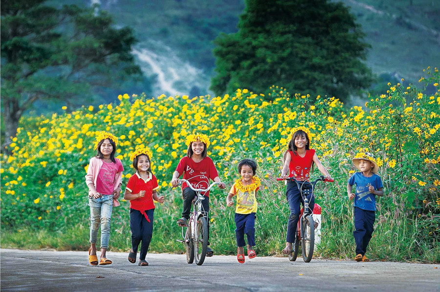 Children with wild sunflowers at the foot of Chu Dang Ya mountain. Photo: Nguyen Linh Vinh Quoc Các em nhỏ bên hoa dã quỳ dưới chân núi Chư Đang Ya. Ảnh: Nguyễn Linh Vinh Quốc