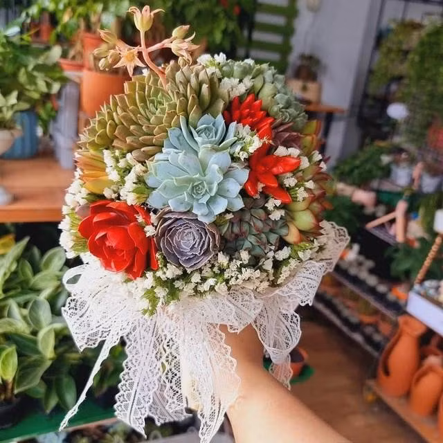 Bó hoa cầm tay từ sen đá. ẢNH: DUY TÂN