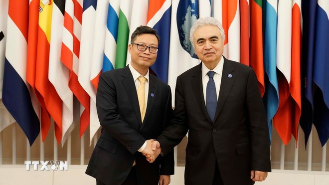 Đại sứ đặc mệnh toàn quyền Việt Nam tại Pháp Trịnh Đức Hải và Giám đốc Điều hành IEA, Fatih Birol. (Ảnh: TTXVN phát)