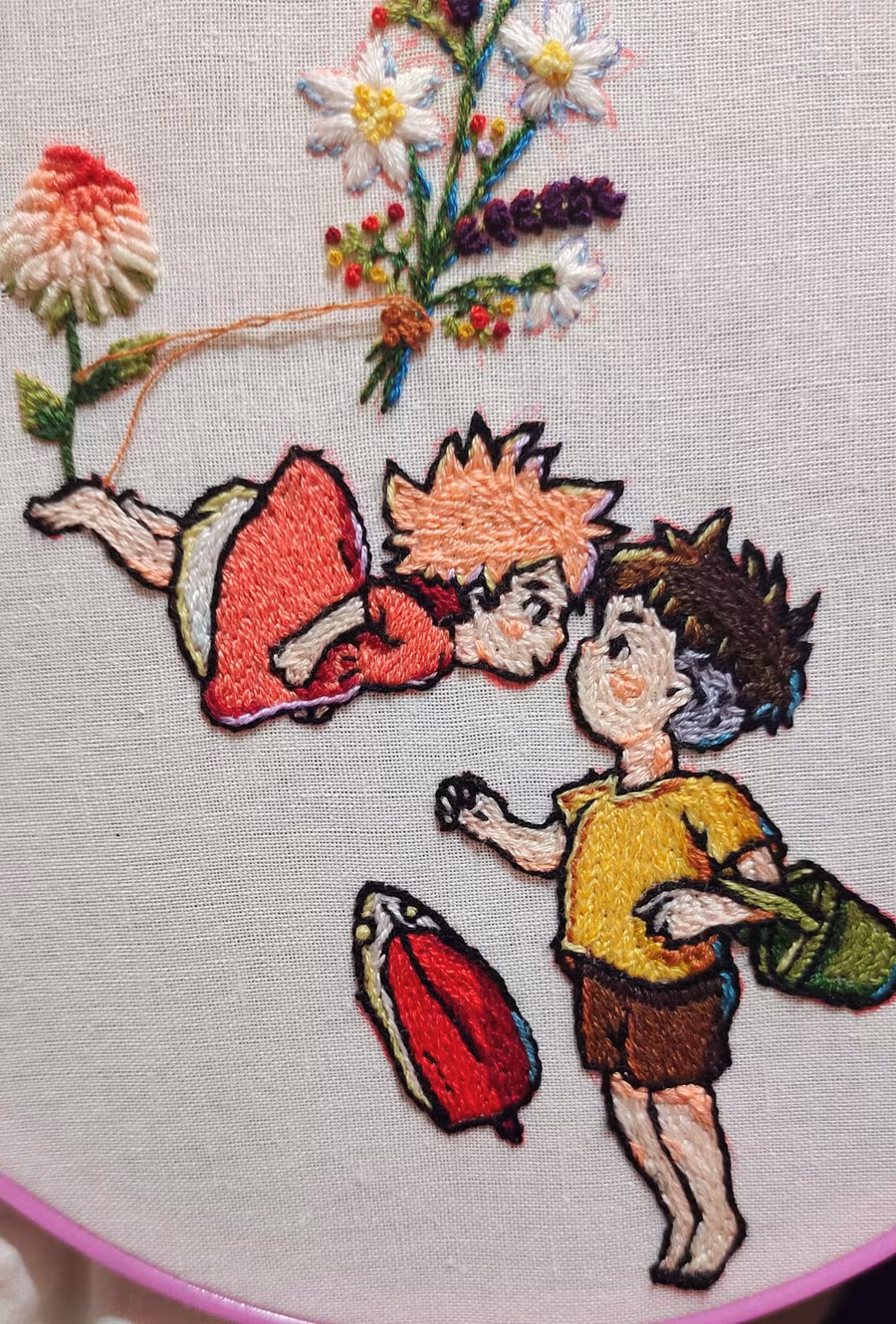 Bức tranh thêu đầu tiên của anh là nhân vật trong phim Cô bé người cá Ponyo. Khiêm chia sẻ phong cách của mình chịu ảnh hưởng nhiều bởi phim hoạt hình Ghibli và họa sĩ đại tài Van Gogh. ẢNH: NVCC