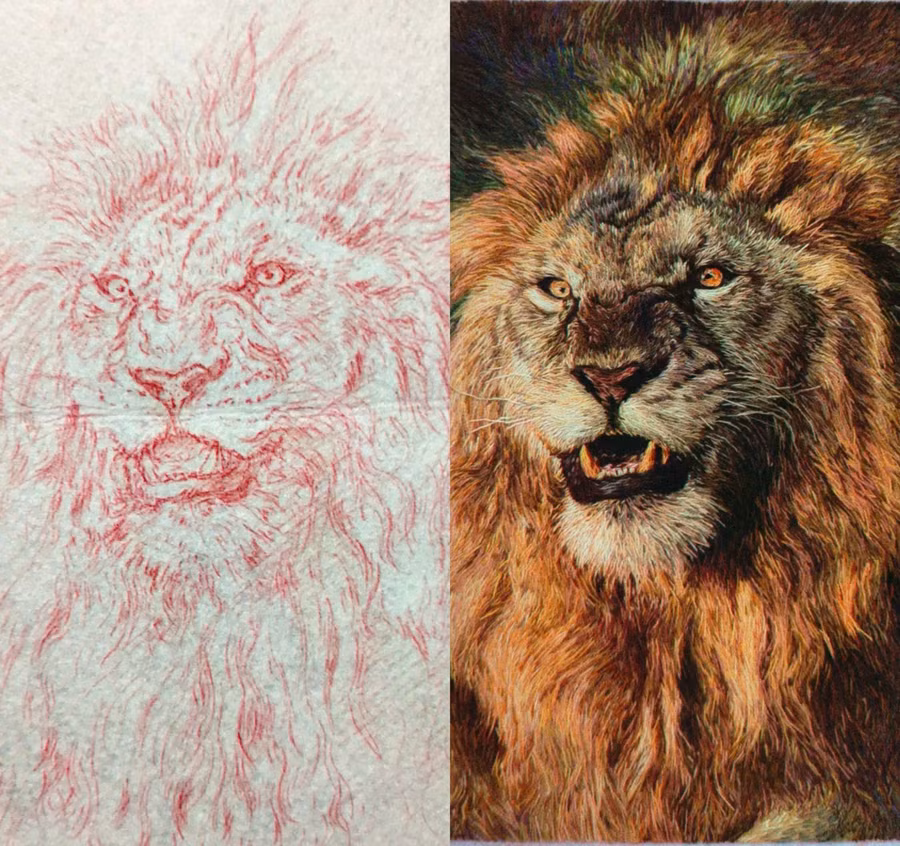 Từ phác thảo đến bản hoàn thiện của tác phẩm “chúa tể sơn lâm” - một trong những bức tranh kỳ công nhất của Khiêm. ẢNH: NVCC