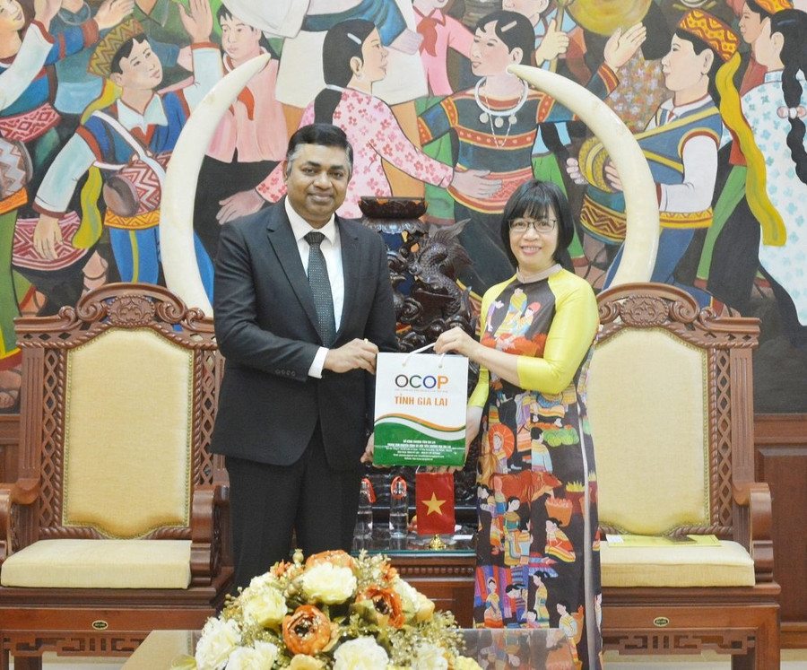Phó Chủ tịch UBND tỉnh Nguyễn Thị Thanh Lịch (bên phải) tặng quà ngài Madan Mohan Sethi là sản phẩm OCOP đặc trưng của địa phương. Ảnh: Anh Huy Phó Chủ tịch UBND tỉnh Nguyễn Thị Thanh Lịch (bên phải) tặng quà ngài Madan Mohan Sethi là sản phẩm OCOP đặc trưng của địa phương. Ảnh: Anh Huy