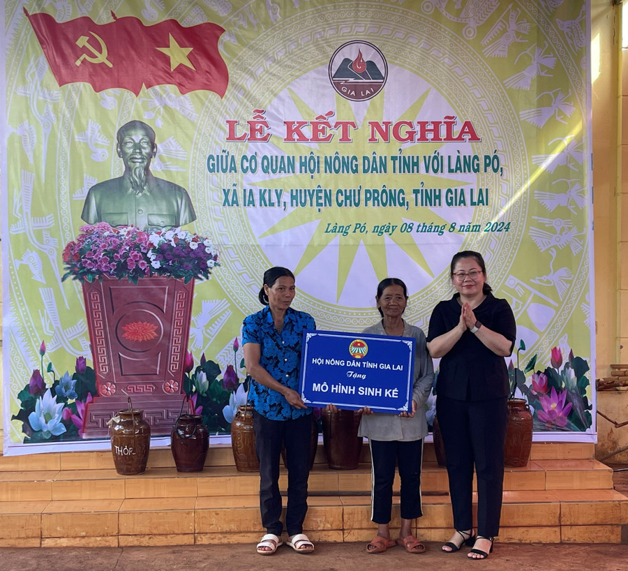 Tại lễ kết nghĩa, Hội Nông dân tỉnh đã trao mô hình sinh kế là 2 con bò giống cho 2 hộ nghèo của làng. Ảnh: P.D Tại lễ kết nghĩa, Hội Nông dân tỉnh đã trao mô hình sinh kế là 2 con bò giống cho 2 hộ nghèo của làng. Ảnh: P.D