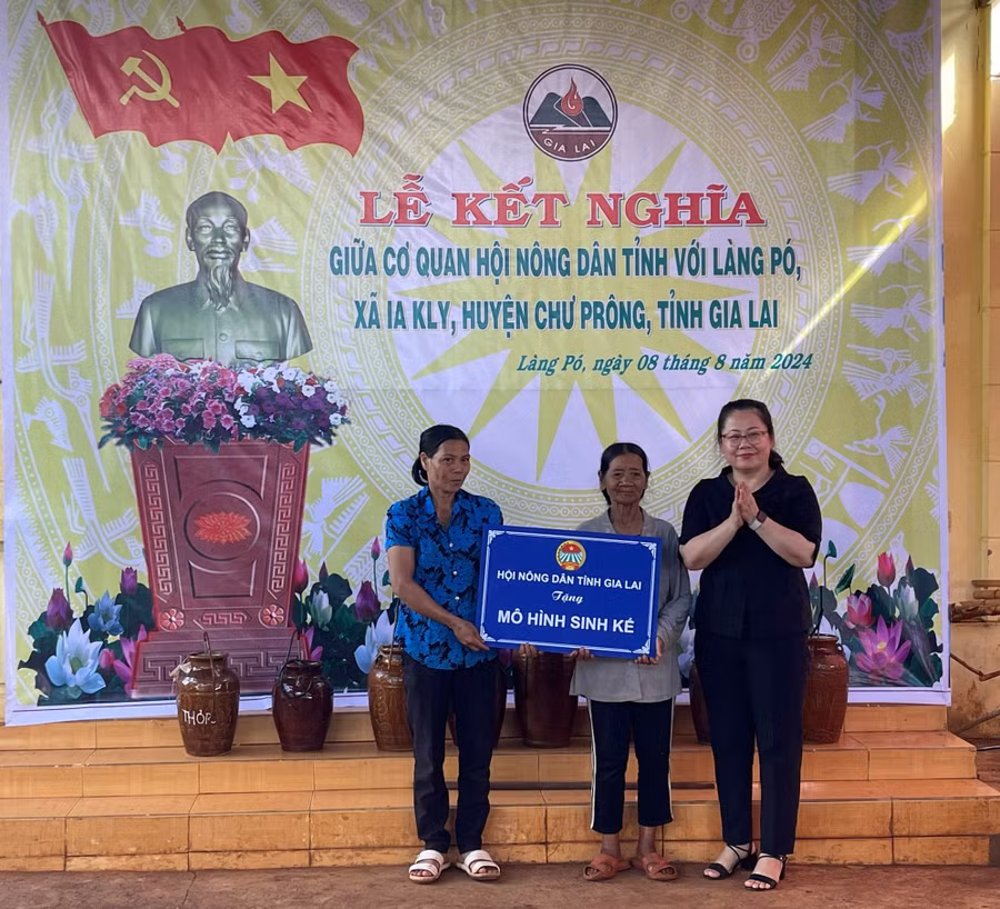 Tại lễ kết nghĩa, Hội Nông dân tỉnh đã trao mô hình sinh kế là 2 con bò giống cho 2 hộ nghèo của làng. Ảnh: P.D