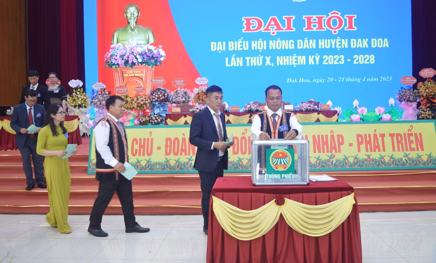 Các đại biểu bỏ phiếu bầu Ban Chấp hành Hội Nông dân huyện nhiệm kỳ 2023-2028. Ảnh: Anh Huy