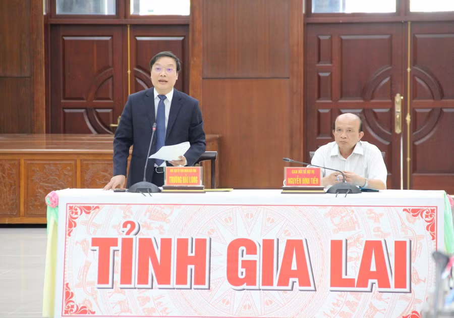 Chủ tịch UBND tỉnh Trương Hải Long trình bày tham luận về “Nhiệm vụ, giải pháp đẩy mạnh xây dựng vị trí việc làm của cán bộ, công chức, viên chức trong các cơ quan hành chính và đơn vị sự nghiệp công lập ở tỉnh Gia Lai” tại hội nghị. Ảnh: Anh Huy