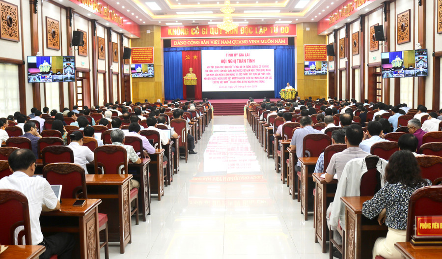 Hội nghị học tập, quán triệt được kết nối từ điểm cầu chính Hội trường 2-9 (TP. Pleiku) đến 239 điểm cầu toàn tỉnh. Ảnh: P.D