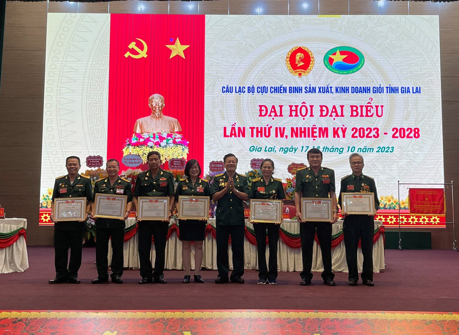 Phó Chủ tịch Hiệp hội Doanh nhân Cựu chiến binh Việt Nam Nguyễn Đình Trường (thứ 4 từ phải qua) tặng bằng khen của Ban Chấp hành Trung ương Hội Cựu chiến binh Việt Nam cho các tập thể, cá nhân. Ảnh: Anh Huy