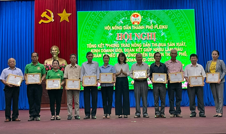 Chủ tịch Hội Nông dân thành phố Nguyễn Thị Bích Vân (thứ 6 từ phải sang) tặng giấy khen của Chủ tịch UBND thành phố cho các cá nhân có thành tích xuất sắc trong “Phong trào nông dân thi đua sản xuất, kinh doanh giỏi, đoàn kết giúp nhau làm giàu và giảm nghèo bền vững” giai đoạn 2022-2024. Ảnh: P.D Chủ tịch Hội Nông dân thành phố Nguyễn Thị Bích Vân (thứ 6 từ phải sang) tặng giấy khen của Chủ tịch UBND thành phố cho các cá nhân có thành tích xuất sắc trong “Phong trào nông dân thi đua sản xuất, kinh doanh giỏi, đoàn kết giúp nhau làm giàu và giảm nghèo bền vững” giai đoạn 2022-2024. Ảnh: P.D