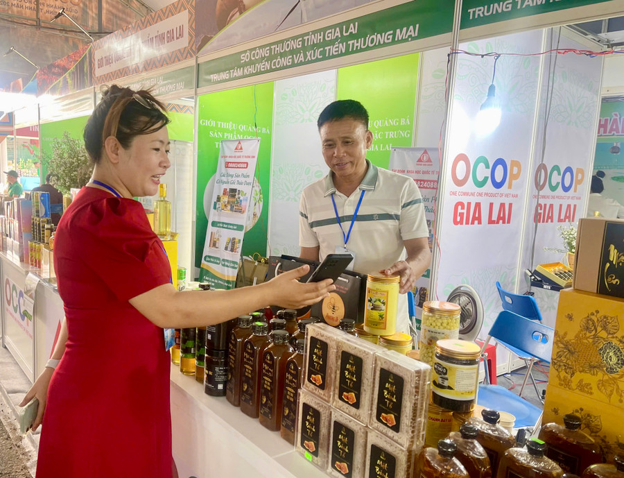 Các sản phẩm đặc trưng, sản phẩm OCOP, sản phẩm công nghiệp nông thôn tiêu biểu của Gia Lai tham gia trưng bày trong khuôn khổ Hội nghị kết nối cung cầu. Ảnh: ĐVCC