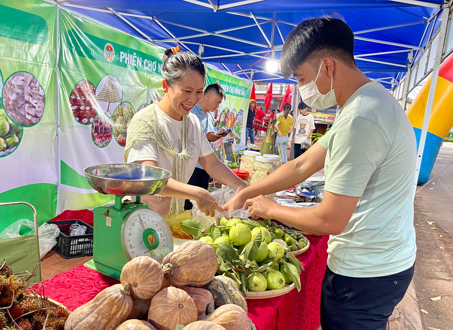 Phiên chợ trưng bày và bán các sản phẩm nông sản, nhiều sản phẩm đạt tiêu chuẩn VietGAP, hữu cơ. Ảnh: V.T Phiên chợ trưng bày và bán các sản phẩm nông sản, nhiều sản phẩm đạt tiêu chuẩn VietGAP, hữu cơ. Ảnh: V.T