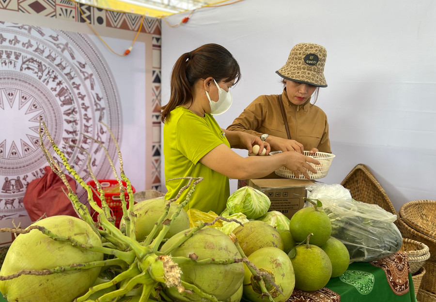 Rau của quả trong vườn nhà được bà con đem đến giới thiệu và bày bán tại hội chợ. Ảnh: V.T Rau của quả trong vườn nhà được bà con đem đến giới thiệu và bày bán tại hội chợ. Ảnh: V.T