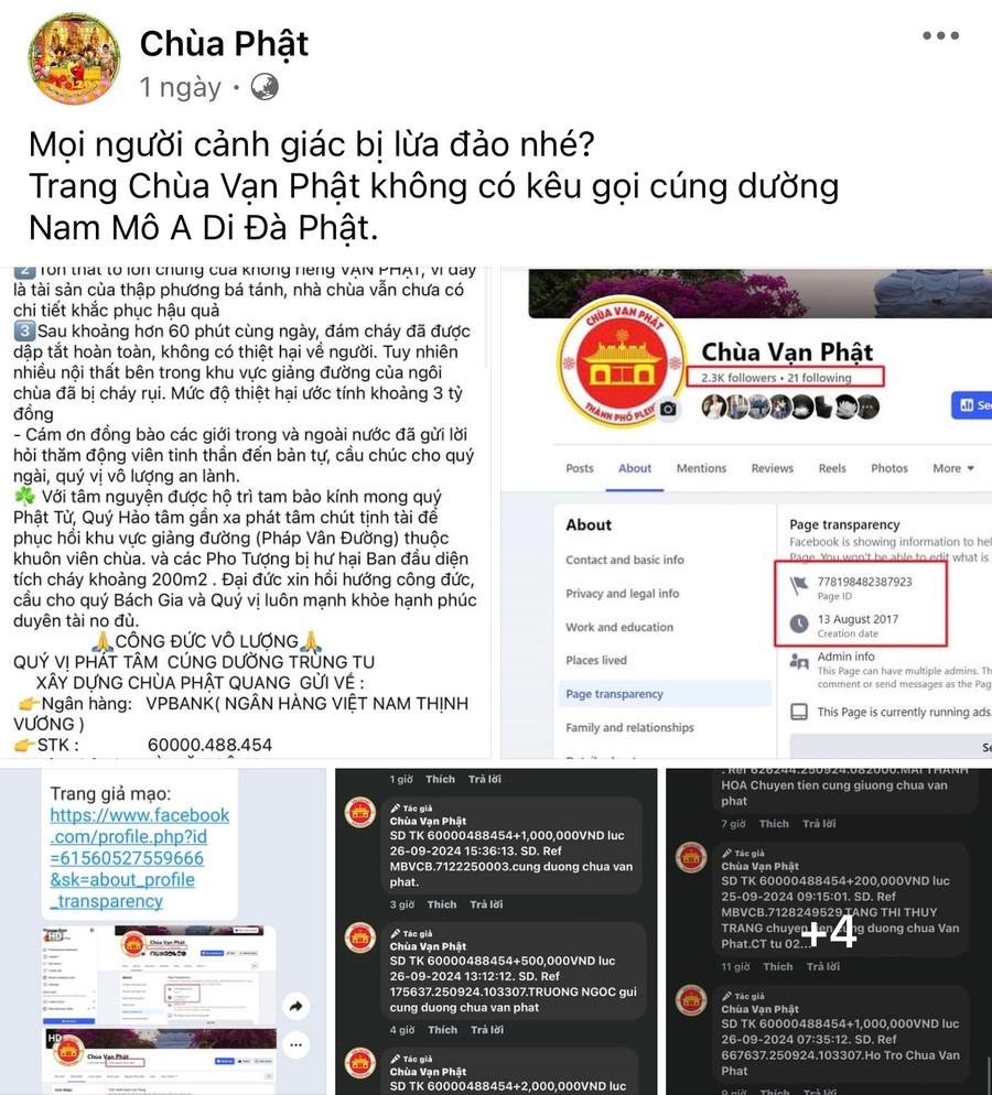 Chùa Vạn Phật thông báo về cảnh giác lừa đảo kêu gọi cúng dường. Ảnh: V.T