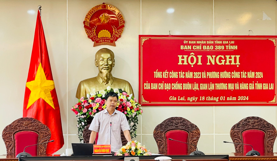 Phó Chủ tịch UBND tỉnh Nguyễn Hữu Quế-Trưởng Ban Chỉ đạo 389 tỉnh phát biểu tại hội nghị. Ảnh: V.T Phó Chủ tịch UBND tỉnh Nguyễn Hữu Quế-Trưởng Ban Chỉ đạo 389 tỉnh phát biểu tại hội nghị. Ảnh: V.T