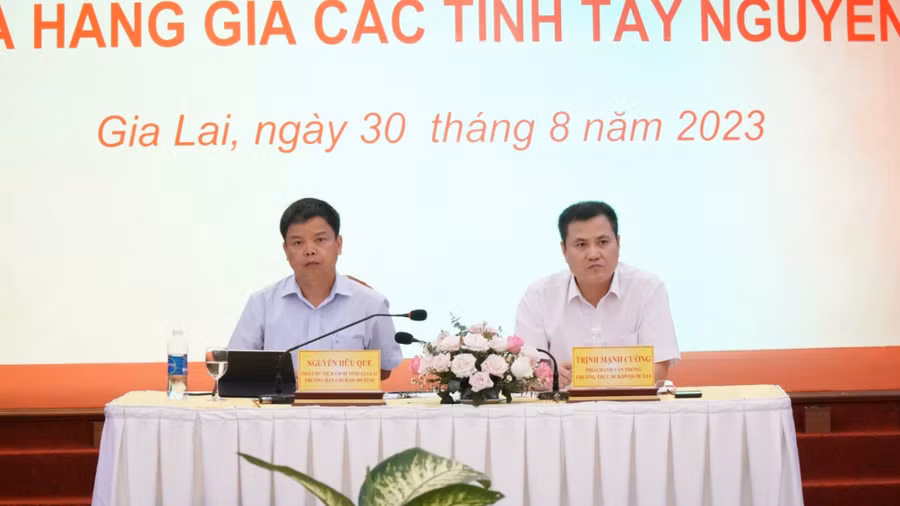Phó Chủ tịch UBND tỉnh Nguyễn Hữu Quế, Trưởng Ban Chỉ đạo 389 tỉnh và ông Trịnh Mạnh Cường-Phó Chánh Văn phòng Thường trực Ban Chỉ đạo 389 Quốc gia đồng chủ trì hội nghị. Ảnh: V.T