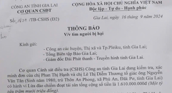 Thông báo tìm người bị hại của Cơ quan Cảnh sát Điều tra Công an tỉnh. Ảnh: T.D Thông báo tìm người bị hại của Cơ quan Cảnh sát Điều tra Công an tỉnh. Ảnh: T.D