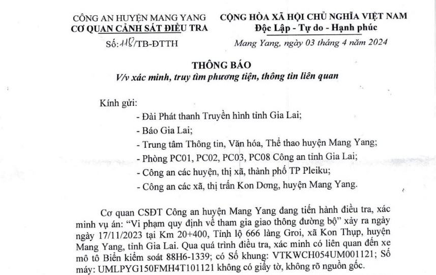 Thông báo xác minh phương tiện liên quan vụ án Vi phạm quy định về tham gia giao thông đường bộ xảy ra tại làng Groi, xã Kon Thụp. Ảnh: T.D