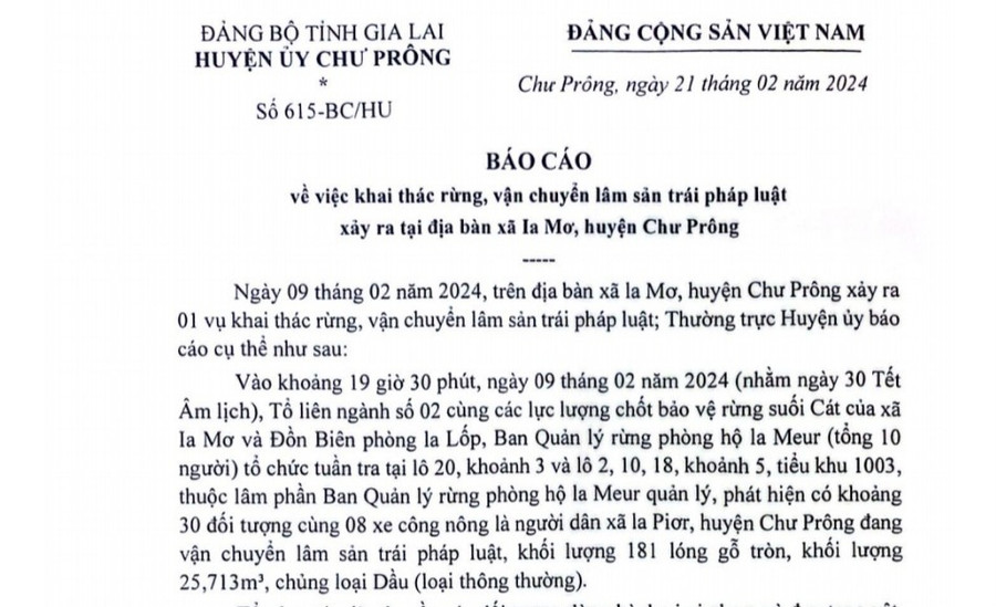 Báo cáo của Huyện ủy Chư Prông về vụ khai thác, vận chuyển lâm sản trái phép tại xã Ia Mơr. Ảnh: T.D Báo cáo của Huyện ủy Chư Prông về vụ khai thác, vận chuyển lâm sản trái phép tại xã Ia Mơr. Ảnh: T.D