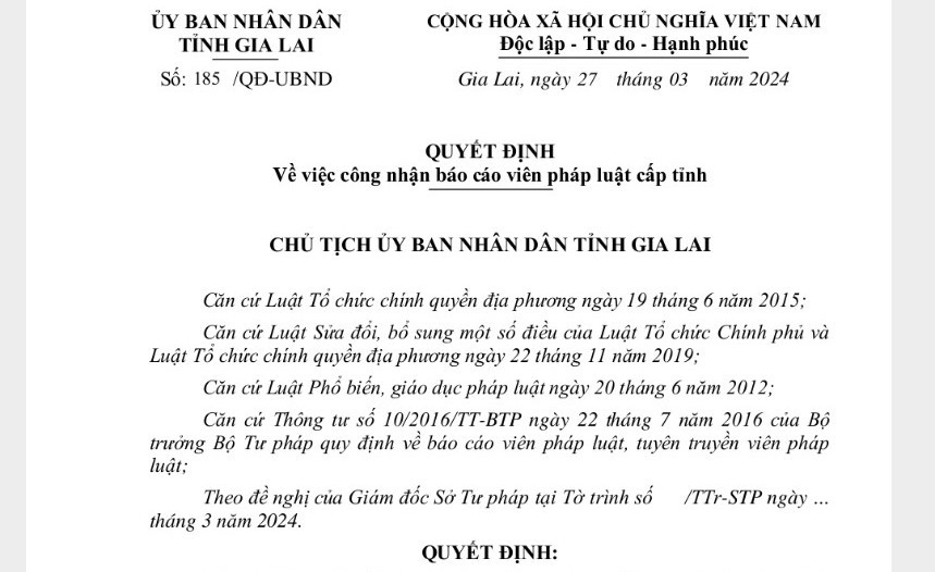 Quyết định của UBND tỉnh về công nhận báo cáo viên cấp tỉnh. Ảnh: T.D