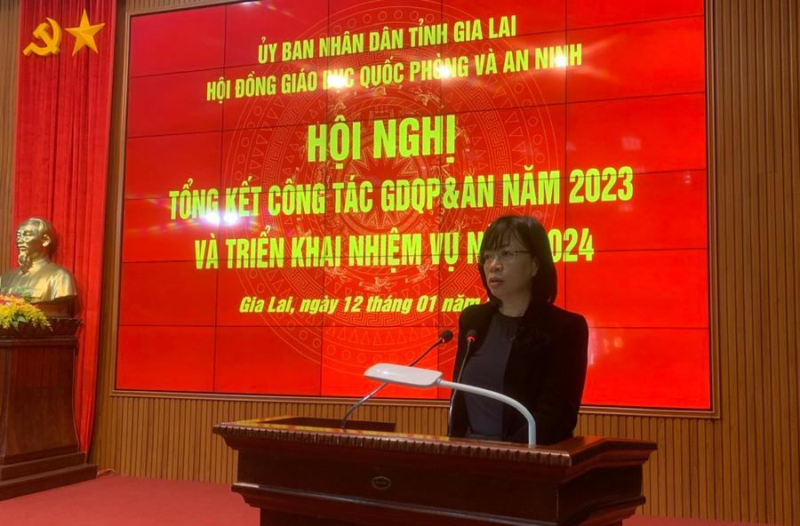 Phó Chủ tịch UBND tỉnh, Chủ tịch Hội đồng GDQPAN tỉnh Nguyễn Thị Thanh Lịch phát biểu khai mạc hội nghị. Ảnh: T.D