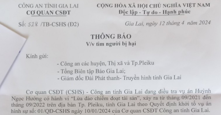 Thông báo của Cơ quan Cảnh sát Điều tra Công an tỉnh. Ảnh: T.D Thông báo của Cơ quan Cảnh sát Điều tra Công an tỉnh. Ảnh: T.D
