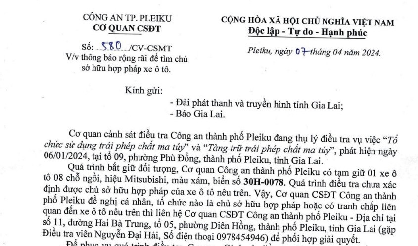 Công an TP Pleiku tìm chủ sở hữu xe ô tô BS 30H 0078 ảnh 1 Công an TP Pleiku tìm chủ sở hữu xe ô tô BS 30H 0078 ảnh 1