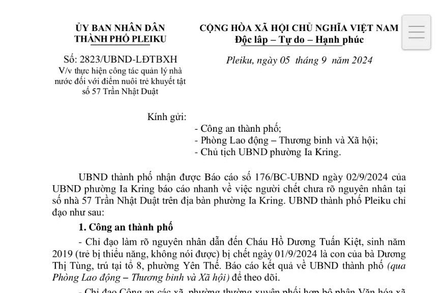 Công văn chỉ đạo của UBND thành phố Pleiku về việc thực hiện công tác quản lý nhà nước đối với điểm nuôi trẻ khuyết tật số 57 Trần Nhật Duật. Ảnh: T.D Công văn chỉ đạo của UBND thành phố Pleiku về việc thực hiện công tác quản lý nhà nước đối với điểm nuôi trẻ khuyết tật số 57 Trần Nhật Duật. Ảnh: T.D