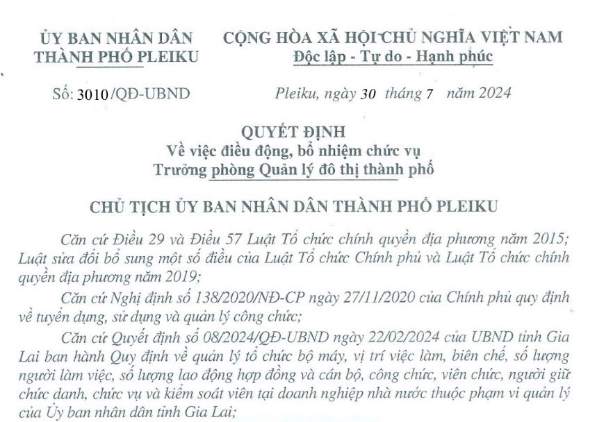 Quyết định bổ nhiệm chức vụ Trưởng Phòng Quản lý đô thị TP. Pleiku đối với ông Hoàng Minh Nghĩa. Ảnh: T.D