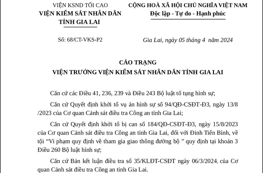 Cáo trạng của Viện Kiểm sát nhân dân tỉnh Gia Lai. Ảnh: T.D