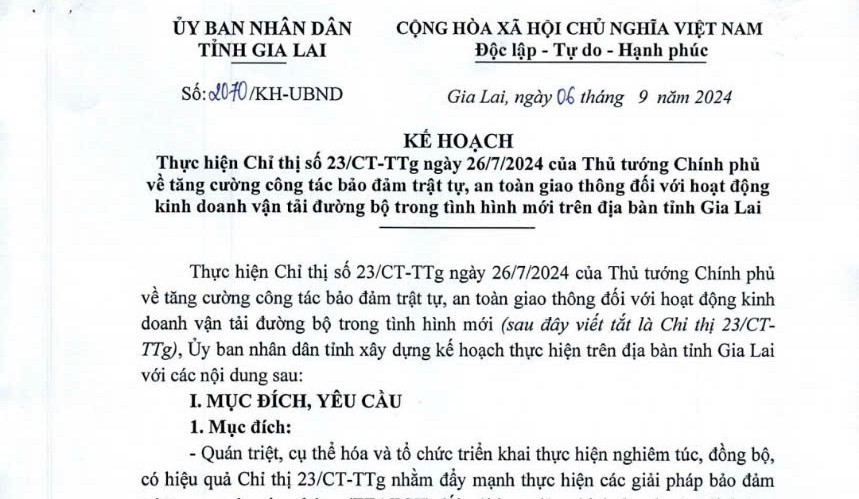 UBND tỉnh Gia Lai ban hành kế hoạch tăng cường đảm bảo an toàn giao thông đối với kinh doanh vận tải đường bộ. Ảnh: T.D