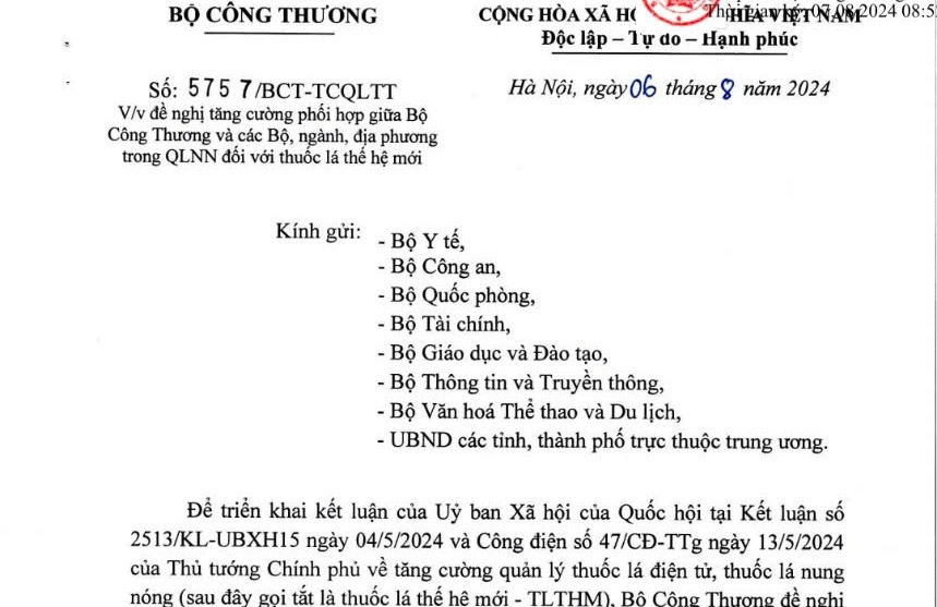 Công văn của Bộ Công thương gửi các Bộ, ngành, địa phương về tăng cường phòng chống thuốc lá thế hệ mới. Ảnh: T.D Công văn của Bộ Công thương gửi các Bộ, ngành, địa phương về tăng cường phòng chống thuốc lá thế hệ mới. Ảnh: T.D