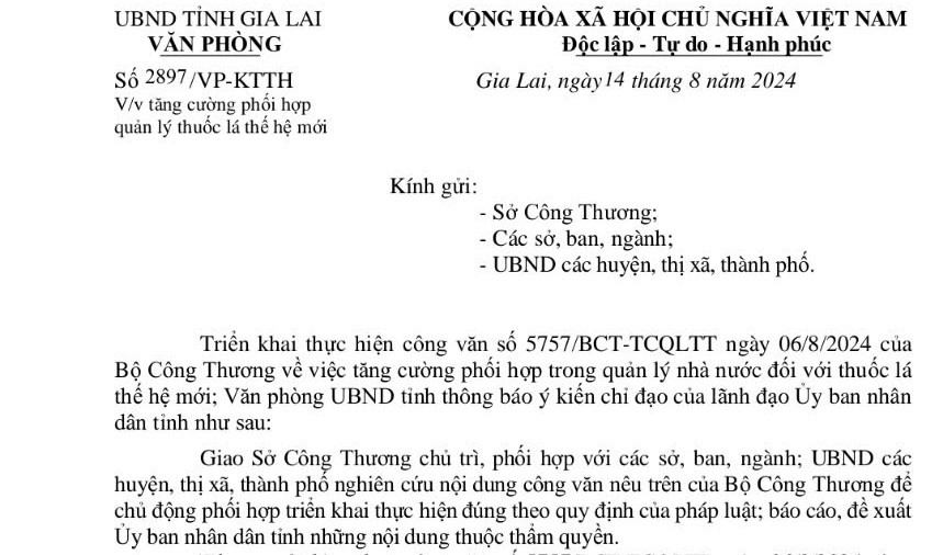 Công văn của Văn phòng UBND tỉnh. Ảnh: T.D Công văn của Văn phòng UBND tỉnh. Ảnh: T.D