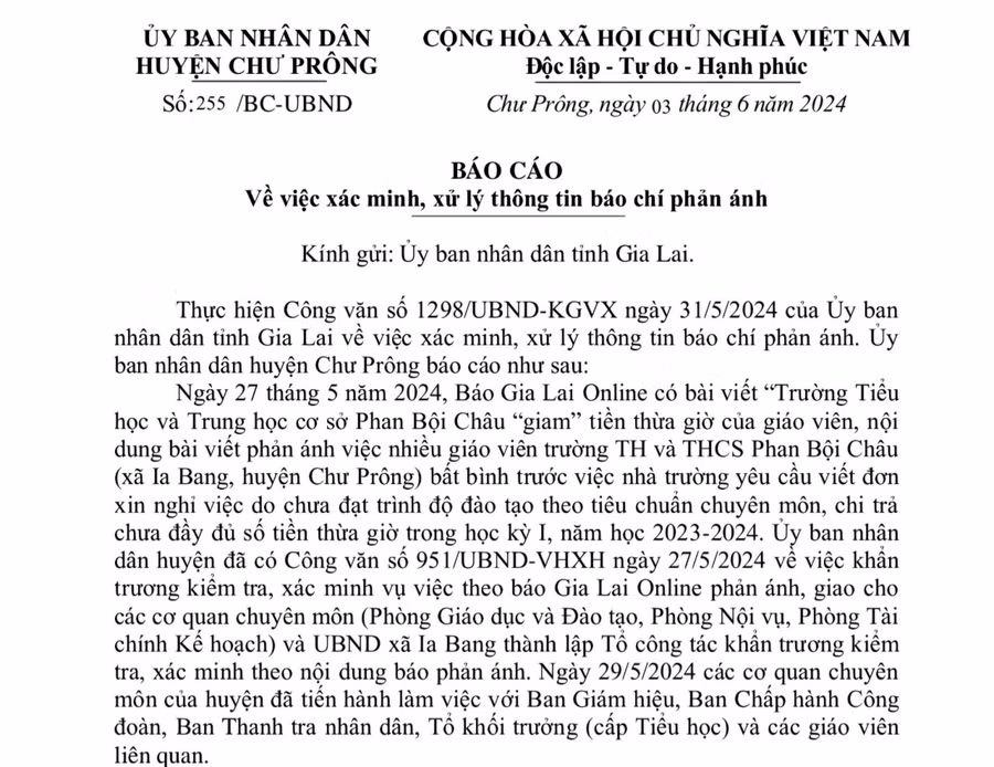 Báo cáo của UBND huyện Chư Prông xác minh bài viết Trường TH và THCS Phan Bội Châu "giam" tiền thừa giờ giáo viên. Ảnh: T.D