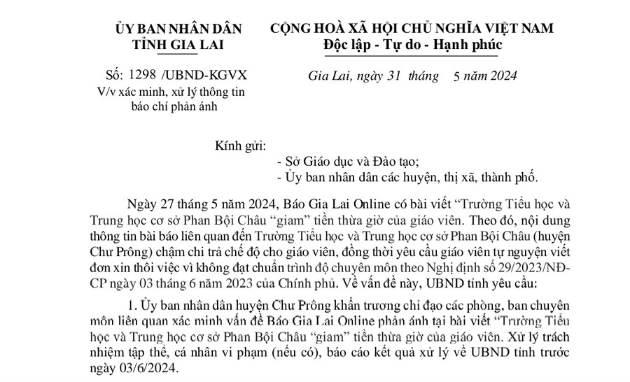 Công văn của UBND tỉnh gửi Sở Giáo dục và Đào tạo, UBND huyện Chư Prông. Ảnh: N.T Công văn của UBND tỉnh gửi Sở Giáo dục và Đào tạo, UBND huyện Chư Prông. Ảnh: N.T