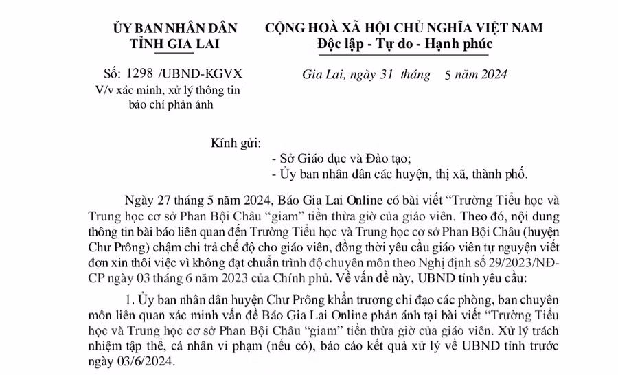 Công văn của UBND tỉnh gửi Sở Giáo dục và Đào tạo, UBND huyện Chư Prông. Ảnh: N.T