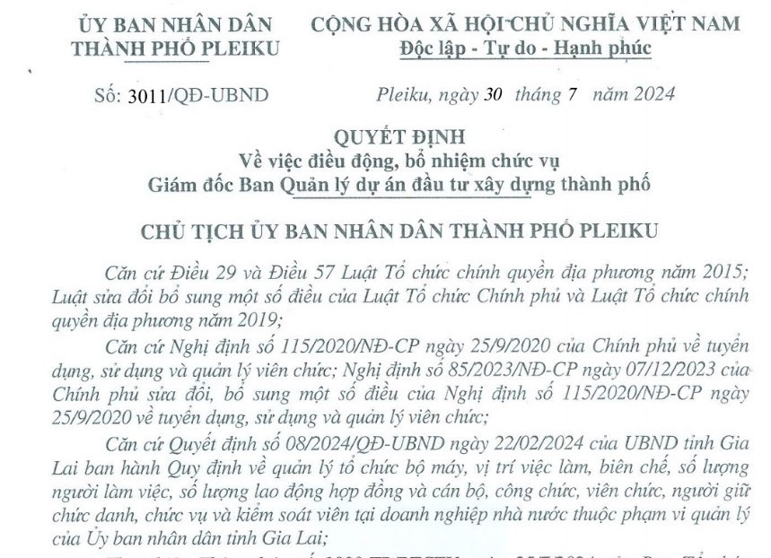 Ông Phạm Thế Tâm được bổ nhiệm giữ chức vụ Giám đốc Ban Quản lý dự án đầu tư xây dựng TP. Pleiku. Ảnh: T.D